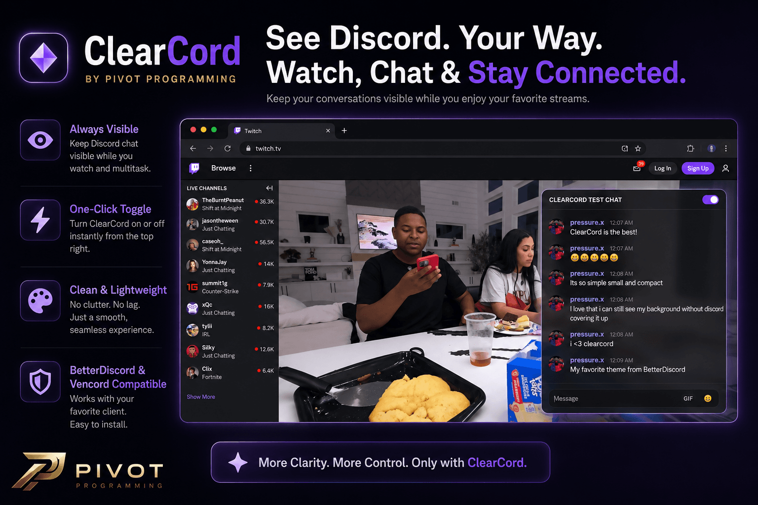 ClearCord chat floating over a Twitch stream while multitasking